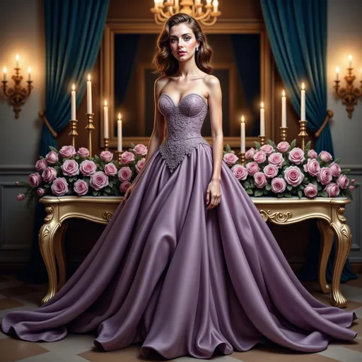 Prompt: Draped in a breathtaking gown that flows elegantly to the floor, a stunning woman exudes grace and sophistication in a lavish ballroom setting. Her dress, a mesmerizing blend of soft lavender and rich purple, features intricate floral embellishments that glimmer softly in the warm candlelight illuminating the opulent space. Surrounding her, an arrangement of lush roses and violets spills from a grand golden table, while soft, billowing curtains frame the scene, adding an air of intimacy and grandeur. The warm, golden light highlights her radiant complexion and reflects off her cascading curls, creating a fairy-tale ambiance that whispers elegance and romance.