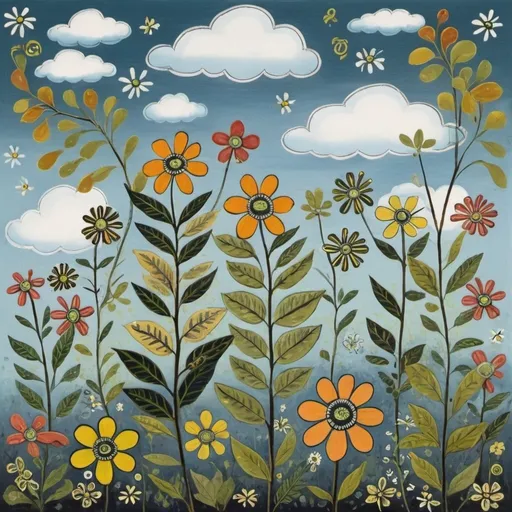 Prompt: Wild flower and clouds in the style of Edward Tingatinga, in a whimsical folk art style with soft blue, pea green, green gold, guava colours
