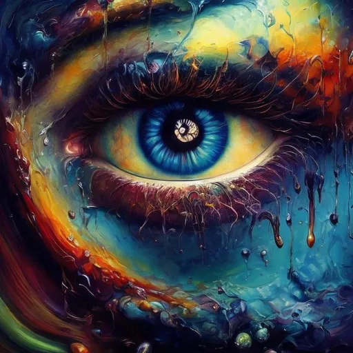 Prompt: Surreal painting of eyes, oil painting, abstract, vibrant colors, dreamlike atmosphere, high quality, surrealism, detailed iris, artistic brushstrokes, mesmerizing, surrealistic, intense gaze, mystical lighting