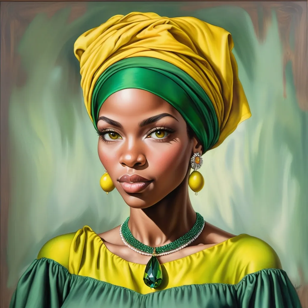 Prompt: <mymodel> a painting of a  black woman wearing a green dress and a yellow head scarf with a green necklace and earrings, Ernie Barnes, hyperrealism, hyper realism, a photorealistic painting