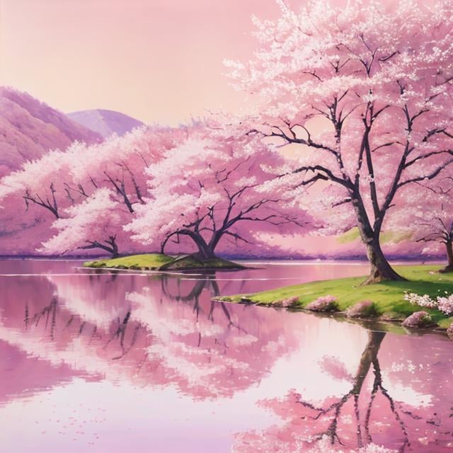 Prompt: A peaceful pink landscape, oil painting, cherry blossom trees in full bloom, serene lake reflecting the pink sky, high quality, impressionist, pastel pink tones, soft lighting