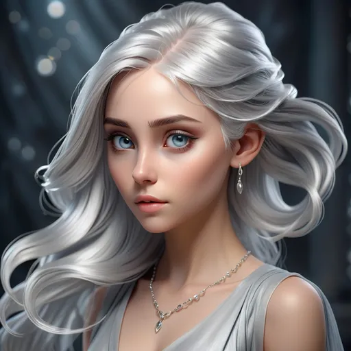 Prompt: Beautiful girl with silver hair, ethereal and elegant, 3D rendering, flowing silver locks, soft and glowing skin, piercing eyes, fantasy, highres, detailed, ethereal, silver hair, glowing skin, piercing eyes, 3D rendering, fantasy, elegant, atmospheric lighting