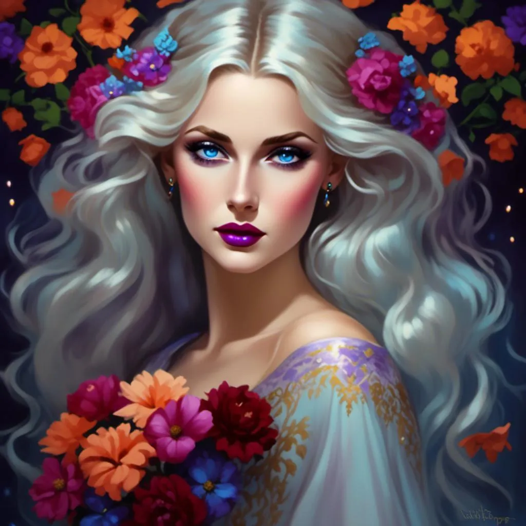 Prompt: <mymodel>Beautiful ethereal woman, long blonde hair,and icy blue eyes color, purple lipstick, facial closeup