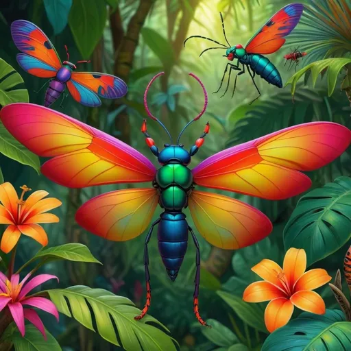 Prompt: Colorful insects in a vibrant, tropical jungle environment, high-quality, detailed, digital art, vibrant colors, exotic flora and fauna, intricate patterns, realistic, lively lighting