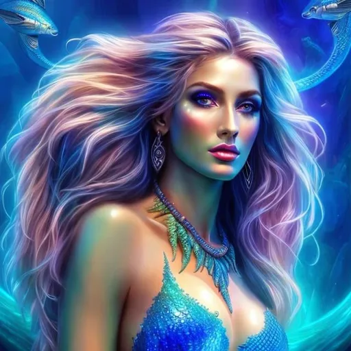 Prompt: HD 4k 3D 8k professional modeling photo hyper realistic beautiful woman ethereal greek goddess druid mermaid
cobalt blue hair olive skin gorgeous face  jewelry druid crown colored mermaid tail full body surrounded by ambient glow hd landscape under lush celtic waters

