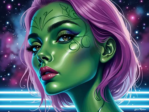 Prompt: This is a digitally created, highly detailed, and vibrant portrait of an alien woman with a striking appearance. The subject has a green, smooth-skinned face with intricate, symmetrical patterns in lighter green that adorn her forehead, extending to her temples. Her large, almond-shaped eyes are a deep green, with a slight pinkish hue around the irises, and are accentuated by dark, dramatic eyeliner and long, thick lashes. She has full, pink lips that contrast with her green skin. Her hair is a deep magenta, styled in a sleek, side-parted bob that frames her face. The background is a blurred, cosmic scene with a gradient of dark purples, blues, and pinks, dotted with small, glowing white stars. Horizontal neon blue lines add a futuristic touch to the backdrop. The lighting in the image highlights the subject's face and hair, creating a glossy, almost metallic sheen on her skin and hair. The overall style of the artwork is reminiscent of modern digital fantasy or science fiction art, with a focus on vibrant colors, detailed textures, and a slightly otherworldly, ethereal atmosphere.