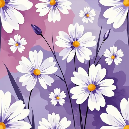 Prompt: This is a digital illustration featuring a pattern of stylized flowers against a gradient background. The flowers are predominantly white with five broad petals each, accented by light purple veins. The central part of each flower is bright yellow with a radial pattern, resembling a sunburst, and is surrounded by fine purple stamens. The petals have a smooth, slightly glossy texture, giving them a modern, almost paper-like appearance. The background transitions from a deep purple at the bottom to a lighter pinkish-purple at the top, creating a vibrant and contrasting backdrop that highlights the flowers. The flowers are arranged in a slightly overlapping pattern, creating a sense of depth and movement across the image. The overall style is clean and contemporary, with a focus on bold, contrasting colors and simple, elegant shapes. The image has a flat, two-dimensional appearance, with no shading or three-dimensional effects, emphasizing the geometric and graphic quality of the design.