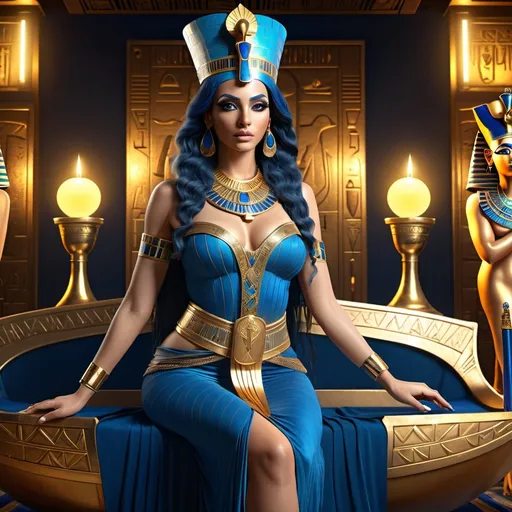 Prompt: HD 4k 3D, 8k, hyper realistic, professional modeling, ethereal Egyptian Goddess style, Ruler Goddess, beautiful, holding scepter,  glowing fair skin, dark blue hair, mythical regal gown, crown, full body, powerful, on throne on egyptian boat, Fantasy setting, surrounded by ambient divine glow, detailed, elegant, surreal dramatic lighting, majestic, goddesslike aura, octane render, artistic and whimsical