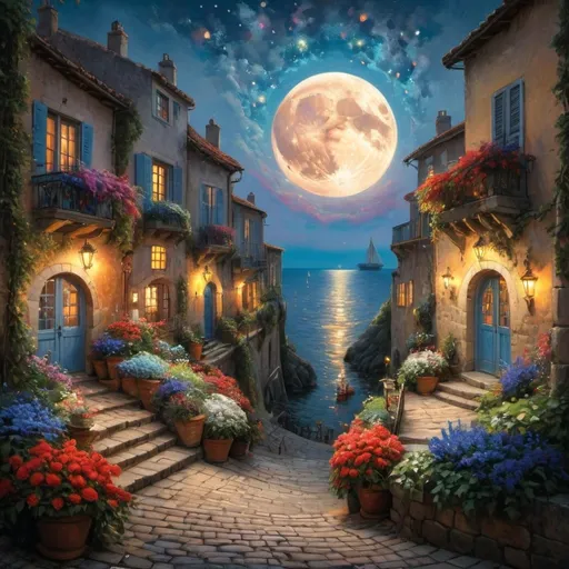 Prompt: Bathed in the soft glow of a large, radiant moon, a picturesque coastal village unfolds, framed by vibrant gardens bursting with red and blue flowers. The pathway, crafted from cobblestones, meanders toward the serene sea, where elegant sailboats glide across the water's surface, their sails catching a gentle breeze. Above, the sky is adorned with colorful fireworks, illuminating the clouds and reflecting a sense of celebration and joy. The charming houses, nestled against lush greenery and tall cypress trees, exude warmth, with hints of golden light spilling from their windows, inviting viewers into a scene that captures a perfect evening of tranquility and festivity.