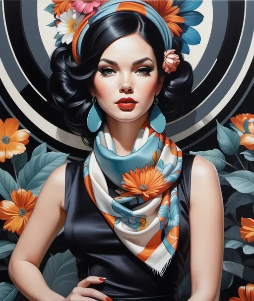 Prompt: a painting of a woman with a flower in her hair and a scarf around her neck and a flower in her hair, Artgerm, figurative art, tristan eaton, an art deco painting