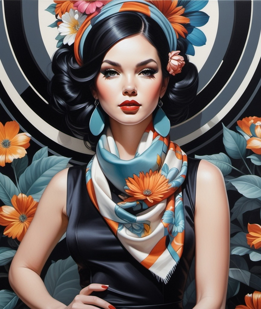 Prompt: a painting of a woman with a flower in her hair and a scarf around her neck and a flower in her hair, Artgerm, figurative art, tristan eaton, an art deco painting