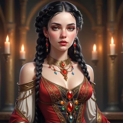 Prompt: A fantasy medieval alluring woman with a small, flat figure. Her black hair should be done up with braids and decorated with colorful glass beads and other baubles. She wears a silky red and gold dress that is floor length. The neckline plunges very deep and is covered by a thin mess, revealing the center of her chest.
