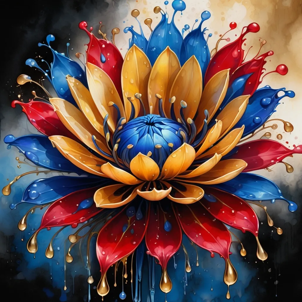 Prompt: digital watercolor painting, a painting of a blue and gold flower with drops of water on it's petals and leaves on the petals, Android Jones, generative art, fractals, an airbrush painting, paint splatter, black and red, bold brush strokes, art nouveau