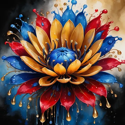 Prompt: digital watercolor painting, a painting of a blue and gold flower with drops of water on it's petals and leaves on the petals, Android Jones, generative art, fractals, an airbrush painting, paint splatter, black and red, bold brush strokes, art nouveau