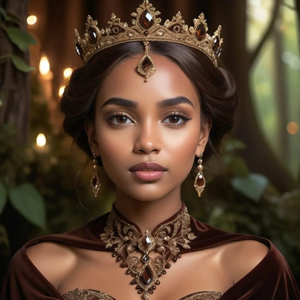 Prompt: Cocoa princess, rich chocolate tones, elegant gown with intricate details, regal crown adorned with gems, luxurious velvet cape, enchanting forest setting, warm and soft lighting, high quality, royal fantasy, detailed embroidery, majestic, opulent, graceful, royal, warm lighting