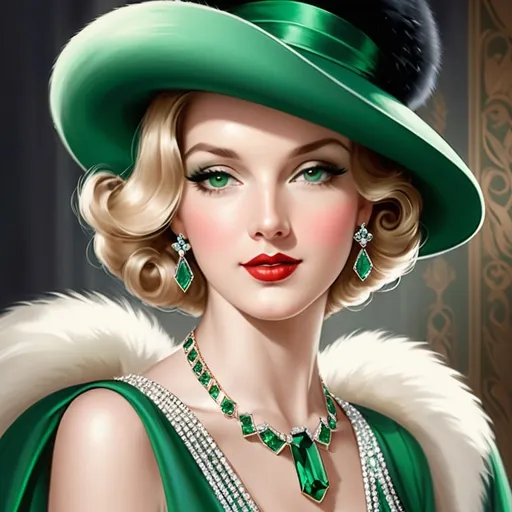 Prompt: Glamorously dressed lady of rhe 1930's wearing emerald jewelry