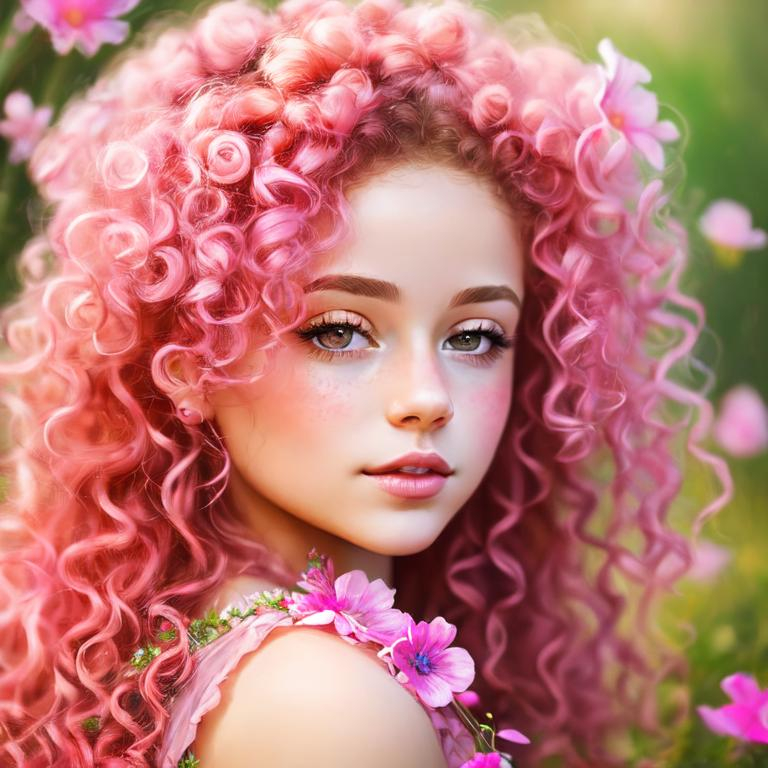 Prompt: a young fairy of spring,  lots of very curly hair, pink glow on cheeks, wildflowers, vivid colors, closeup