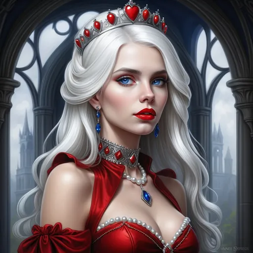 Prompt: a woman with  white hair, blue eyes, red lips, a tiara and pearls on her head and a red lip and a blue dress with a red and white collar, Anne Stokes, gothic art, highly detailed digital painting, a detailed painting