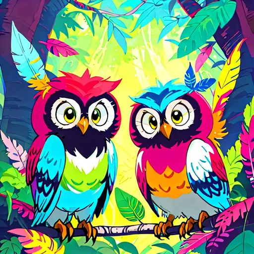 Prompt: Cartoon-style illustration of adorable owls, vibrant and colorful feathers, playful and expressive facial features, whimsical woodland setting, lush and vibrant vegetation, high quality, vibrant colors, cute, cartoon style, playful, whimsical, vibrant lighting