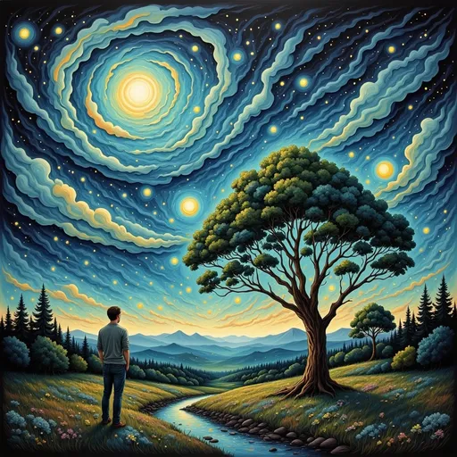 Prompt: a painting of a man standing in front of a tree with a night sky background and stars in the sky,  Van Gogh sky, Dan Mumford, post-impressionism, stars, a detailed painting