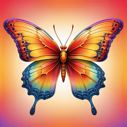 Prompt: Vibrant butterfly with gradient colors of yellow, orange and red, intricate wing patterns, detailed veins, high quality, digital painting, vivid colors, detailed wings, gradient hues, intricate patterns, vibrant, colorful, professional, artistic lighting