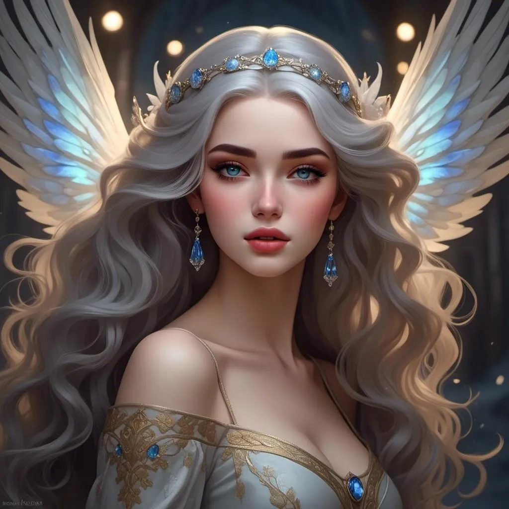 Prompt: <mymodel>A beautiful woman, snow white hair with pastel highlights, frosty blue eyes, blue eyeshadow, blue jewels on forehead