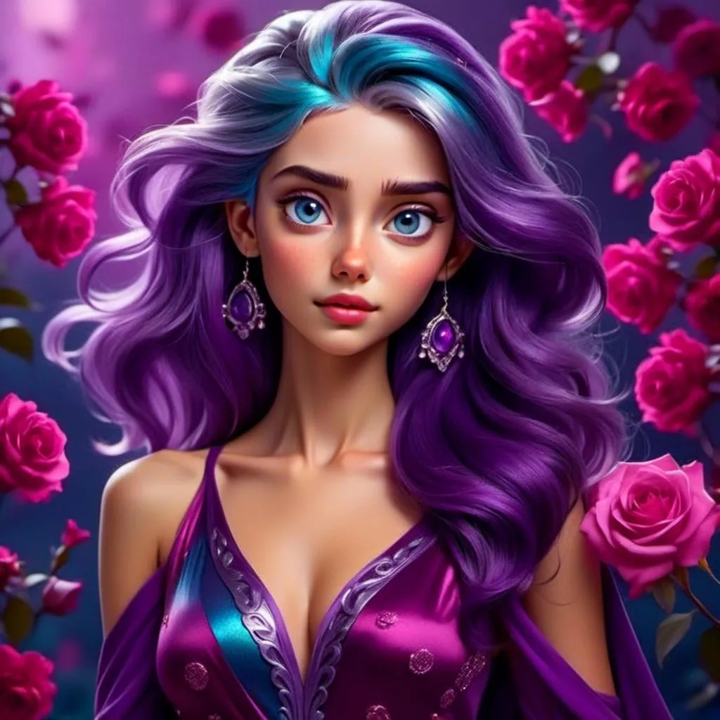 Prompt: <mymodel>Cosmic Epic Beauty, Beautiful and Gorgeous, purple roses in hair