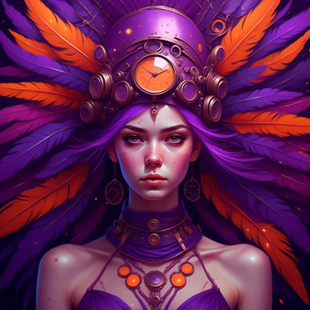 Prompt: <mymodel> a woman in a purple dress and purple hat with orange feathers on her head and a purple hat with orange feathers on her head, Edwin Georgi, fantasy art, highly detailed digital painting, a detailed painting