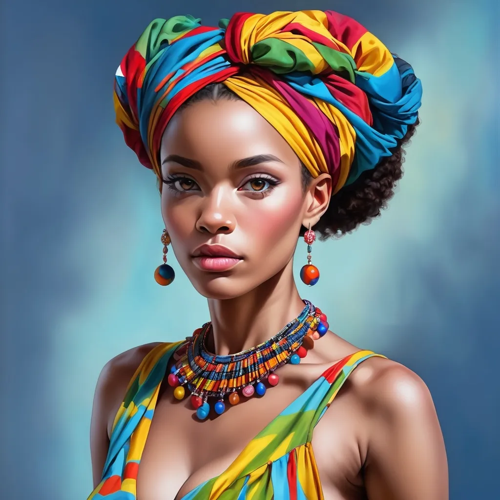 Prompt: <mymodel> a painting of a woman with a top knoted up and a colorful dress on her body, with a blue background, Chinwe Chukwuogo-Roy, figurative art, highly detailed digital painting, a photorealistic painting