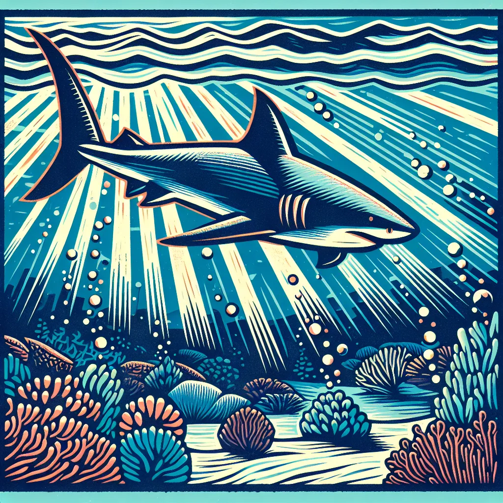 Prompt: <mymodel> colored linocut of a shark swimming under the water