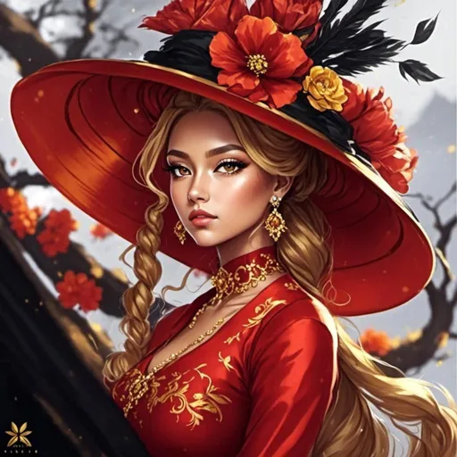 Prompt: <mymodel> a woman with a golden dress and a flower in her hair is wearing a gold necklace and earrings with a flower in her hair, Artgerm, fantasy art, highly detailed digital painting, a detailed painting