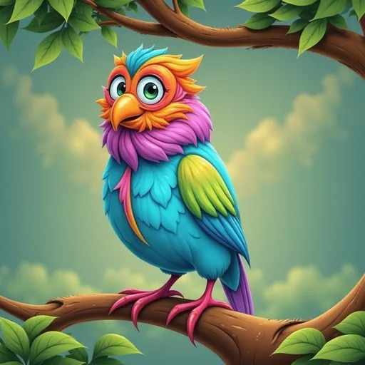 Prompt: Cartoon illustration of a bird in a tree, vibrant colors, warm atmosphere, big expressive eyes, high quality, vibrant colors, cute cartoon, detailed fur, playful, whimsical, warm lighting