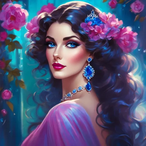 Prompt: <mymodel>a Sapphire lady, feminine elegant princess ,  dark hair, large blue eyes, wearing jewls in her hair,  beautiful makeup, blue eyeshadow, dark pink lipstick, facial closeup