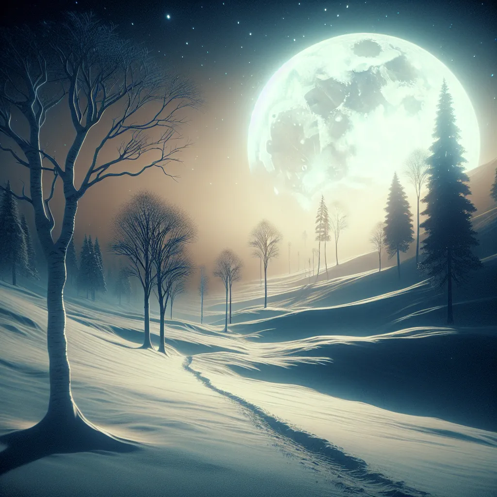 Prompt: a snowy landscape with a full moon and trees in the foreground and a trail leading to the moon, A.B. Frost, space art, winter, a detailed matte painting