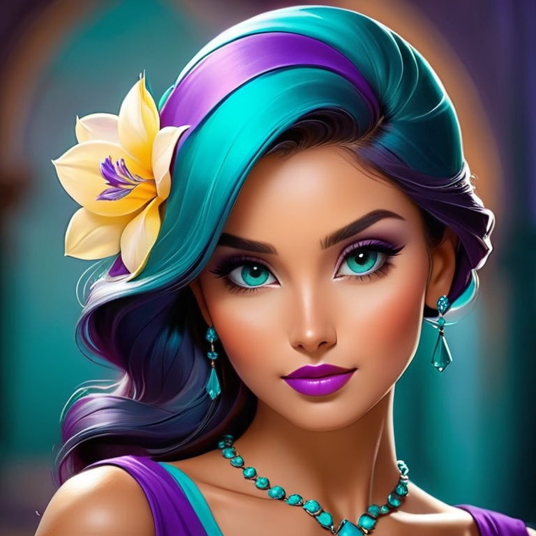 Prompt: Elegant lady in colors of purple and turquoise