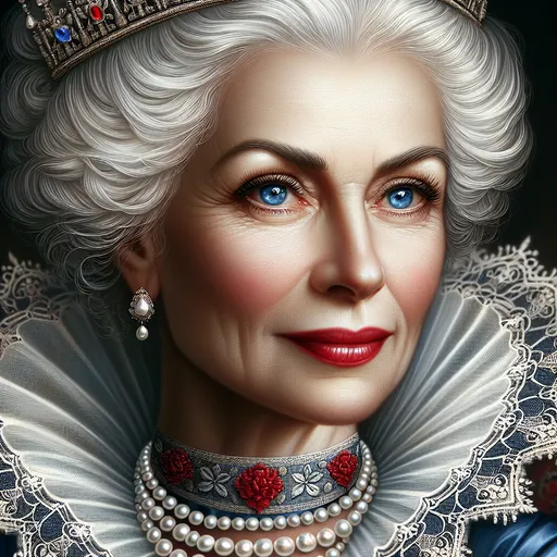 Prompt: a woman with  white hair, blue eyes, red lips, a tiara and pearls on her head and a red lip and a blue dress with a red and white collar, Anne Stokes, gothic art, highly detailed digital painting, a detailed painting