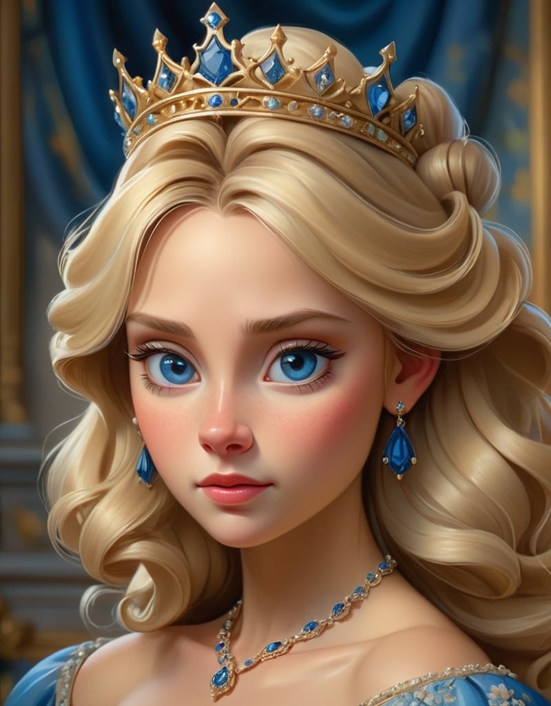 Prompt: High-quality, detailed portrait of a blonde princess with flowing blue dress and tiara, oil painting, elegant castle background, soft and warm lighting, detailed floral patterns, royal jewelry, realistic, oil painting, detailed eyes, flowing gown, tiara, elegant, royal, warm lighting, detailed portrait, blonde hair, castle background