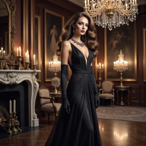 Prompt: Draped in an exquisitely tailored black gown that flows elegantly to the floor, a poised woman stands in a lavishly appointed room, exuding an air of sophistication and mystery. Her sleek, styled hair and striking necklace complement the intricate beading on her dress, while the long gloves further enhance her poised posture. The opulent environment features rich dark wood paneling, lavish chandeliers, and soft candlelight, creating a warm yet dramatic ambiance. Reflecting a glamorous past, the ornate décor captures the essence of a bygone era, contributing to the narrative of elegance and allure. The interplay of light and shadow accentuates her figure, drawing attention to the delicate details of her attire while enveloping the scene in a soft, romantic glow.