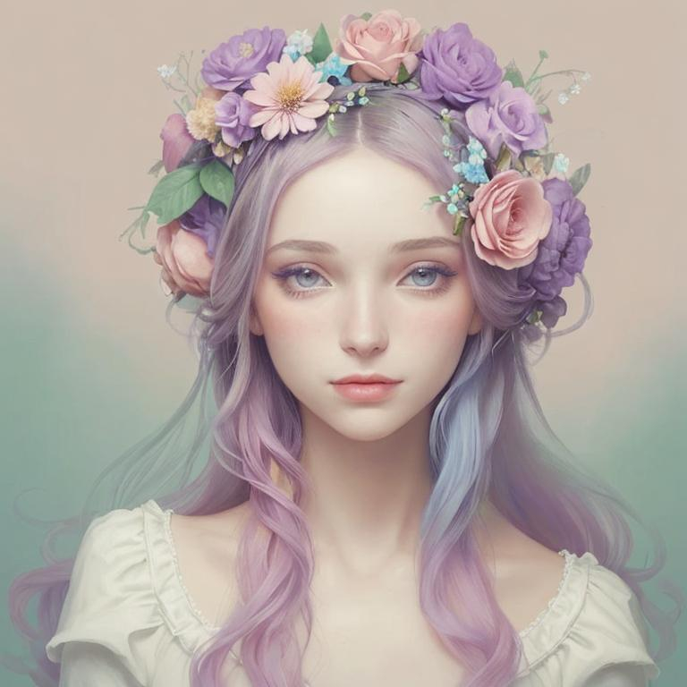 Prompt: Beautiful creation, woman with flowers in her hair, pastel colors