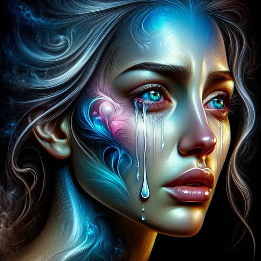 Prompt: a painting of a woman crying with tears on her face  with a tear coming out of her eye, Cyril Rolando, digital art, ultra realistic digital art, a digital painting