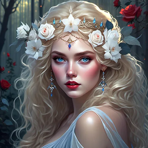 Prompt: Fairy tale, beautiful girl with white skin, (perfect face), light golden hair, blue pupils, red lips, forest style, mysterious, vintage fashion-dresses, with a transparent crystal crown on her head, the woman's body is so white Glows, (high detail) sitting on an oversized red rose, hyperdetail, ultra high definition.<mymodel>