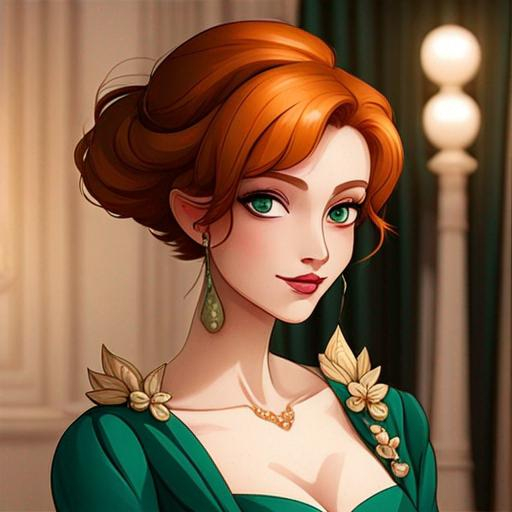 Prompt: Elegantly dressed lady,  emerald evening gown, ginger hair in an uodo, pretty makeup, facial closeup, in a cartoon style