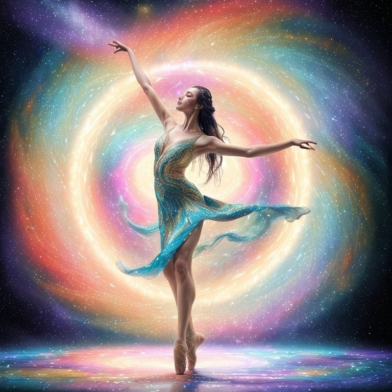 Prompt: a stunning depiction of a dancer whose flowing movements create beautiful, swirling galaxies. The dancer's form and dress are painted with stars and cosmic dust, illustrating the harmony between human expression and the universe. Light background 