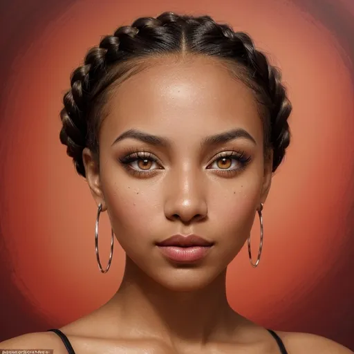 Prompt: This is a highly detailed, digital portrait of a Black woman with a deep brown skin tone. Her face is centered in the image, taking up most of the frame. She has a flawless, radiant complexion with a subtle, warm glow. Her makeup is striking, featuring bold, red eyeshadow that extends to her eyebrows, which are neatly shaped and arched. Her eyeliner is dark and precise, accentuating her almond-shaped eyes, which are looking directly at the viewer with a calm, confident expression. Her full lips are painted a vibrant red, matching her eyeshadow.

Her hair is styled in an intricate updo, with her hair neatly braided and then coiled into a series of small buns on the top of her head. She is wearing large, silver hoop earrings that dangle and catch the light, adding a touch of sparkle to her look.

The background is an abstract, textured gradient of red and orange, with rough, paint-like splatters, giving the image a modern, artistic feel. The overall style of the portrait is hyper-realistic, with a focus on sharp details and vibrant colors, typical of high-quality digital art. The image exudes a sense of elegance and strength.