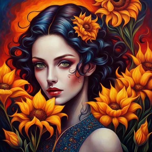 Prompt: Beautiful  hybrid woman with flowers sprouting from her, oil painting, detailed fiery eyes, ethereal glow, dark and mysterious, high quality, vibrant colors, surreal, haunting, intricate floral details, intense gaze, mystical atmosphere, oil painting, demon, hybrid, fiery eyes, ethereal, vibrant colors, surreal, haunting, floral details, intense gaze, mystical atmosphere