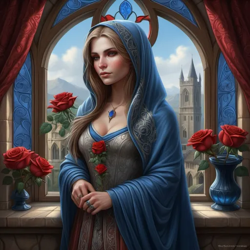 Prompt: a woman in a 12th century dress standing in front of a window with roses around her and a blue shawl, Anne Stokes, fantasy art, highly detailed digital painting, a character portrait