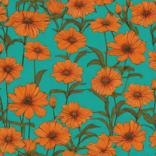 Prompt: Orange flowers with turquoise background