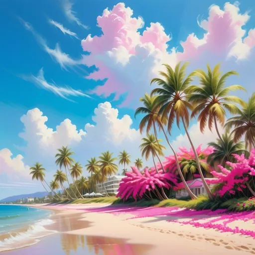 Prompt: A serene beach scene unfolds under a vibrant sky filled with fluffy white clouds, casting soft shadows on the golden sand below. Towering palm trees sway gently in a light breeze, framing a picturesque resort with pastel pink buildings that blend harmoniously into the tropical landscape. Lush greenery and bright pink bougainvillea add splashes of color along the shoreline, where gentle waves lap at the pristine beach, reflecting the sunlight and inviting relaxation. The tranquil atmosphere suggests a perfect getaway, capturing the essence of paradise with its idyllic combination of nature and modern comfort.