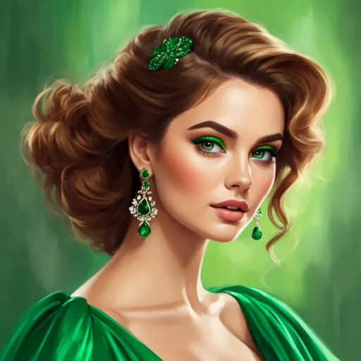 Prompt: <mymodel>Detailed illustration of a woman in vibrant green attire, large vivid green eyes, elegant makeup, digital painting, high resolution, realistic style, vibrant green, professional lighting