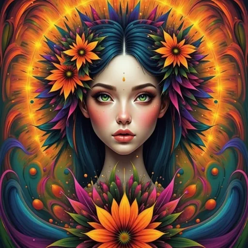 Prompt: Beautiful  hybrid woman with orange flowers sprouting from her, oil painting, detailed fiery eyes, ethereal glow, dark and mysterious, high quality, vibrant colors, surreal, haunting, intricate floral details, intense gaze, mystical atmosphere, oil painting, demon, hybrid, fiery eyes, ethereal, vibrant colors, surreal, haunting, floral details, intense gaze, mystical atmosphere